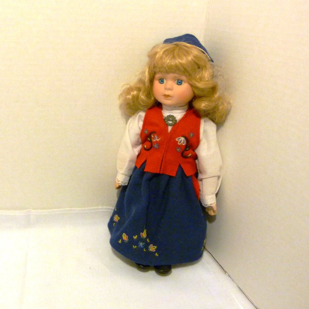 Lovely Ethnic Norwegian Girl Doll in Wool Embroidered Red Vest; Long Blue Skirt